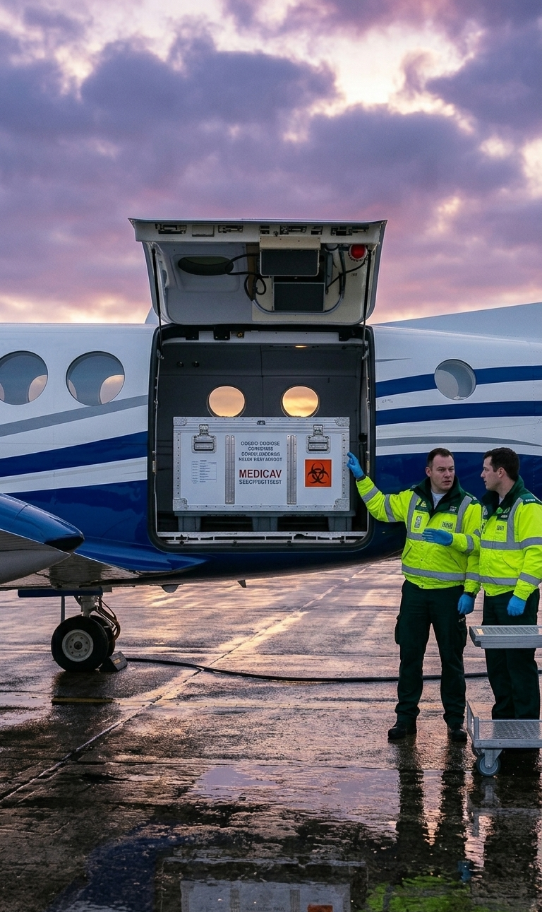 A medical-grade transport box being loaded onto a King Air-class twin at first light on a UK regional apron.